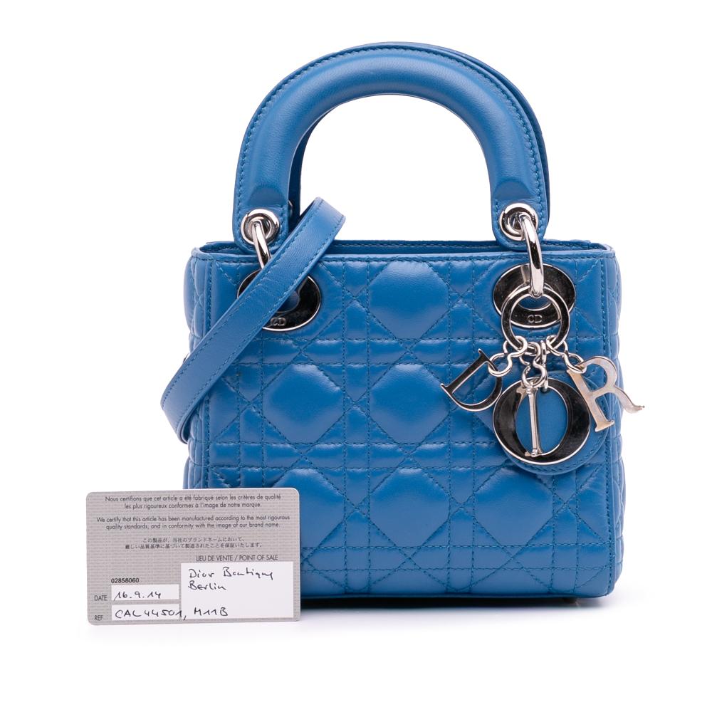 Christian Dior B Dior Blue Light Blue Lambskin Leather Leather Mini Lambskin Cannage Lady Dior Italy