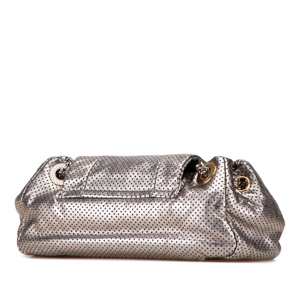 Chanel B Chanel Silver Calf Leather Metallic Perforated skin Drill Accordion Flap Italy