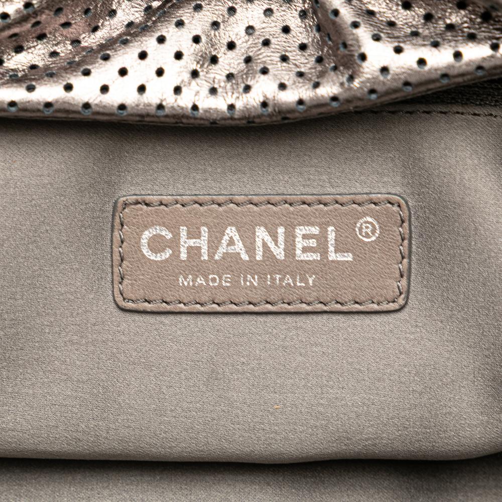 Chanel B Chanel Silver Calf Leather Metallic Perforated skin Drill Accordion Flap Italy