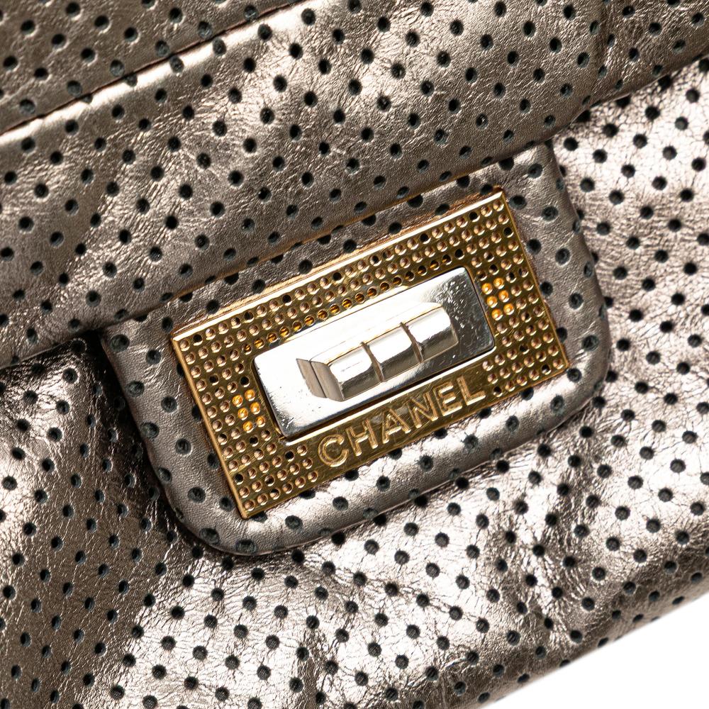 Chanel B Chanel Silver Calf Leather Metallic Perforated skin Drill Accordion Flap Italy