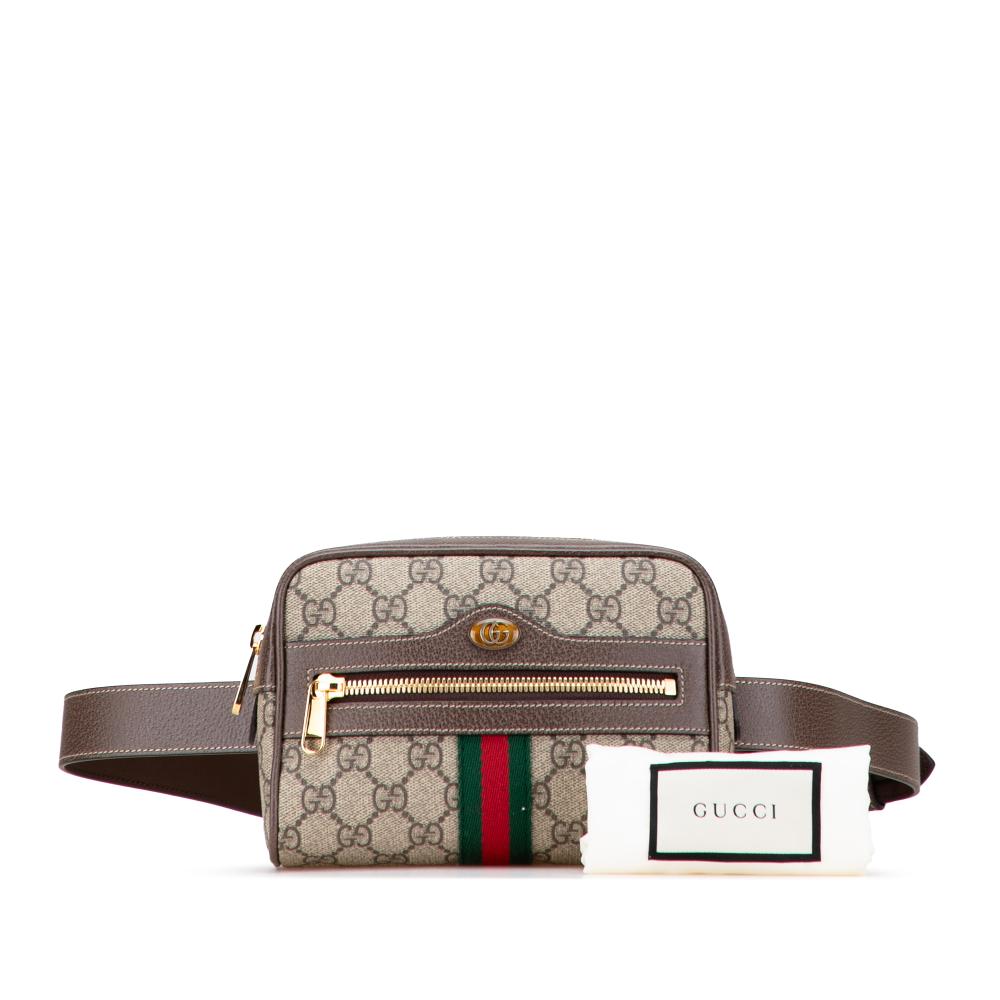Gucci AB Gucci Brown Beige Coated Canvas Fabric Small GG Supreme Ophidia Belt Bag Italy