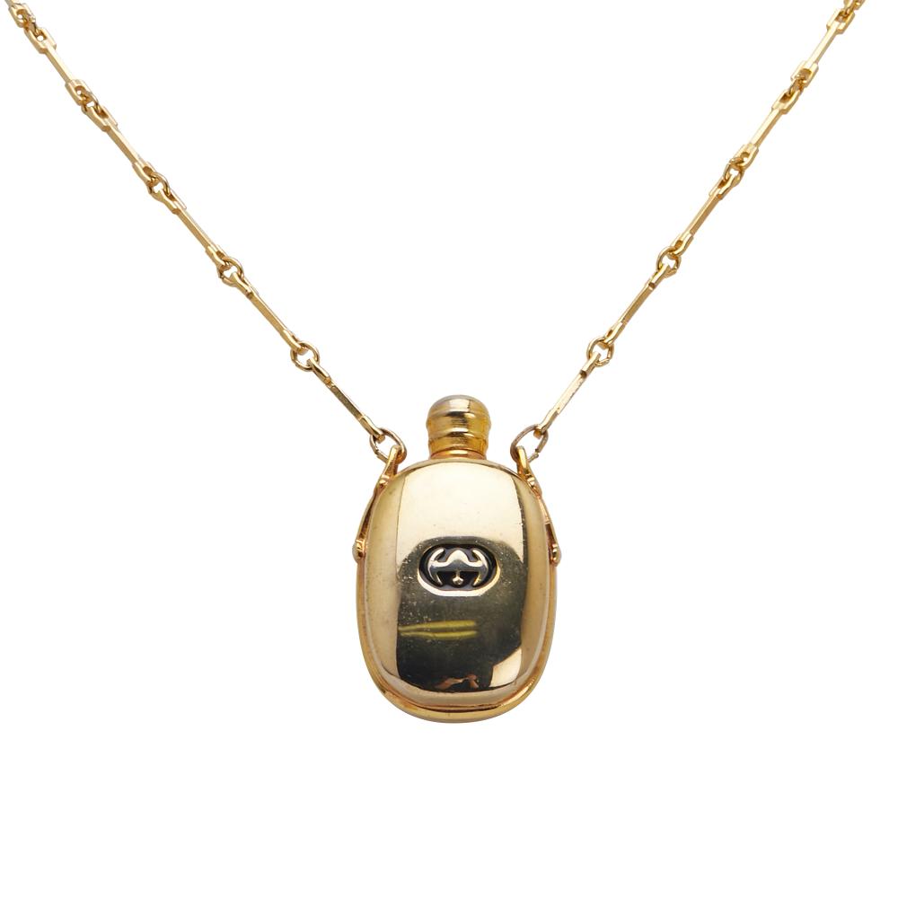 Gucci B Gucci Gold Gold Plated Metal Perfume Bottle Pendant Necklace Italy