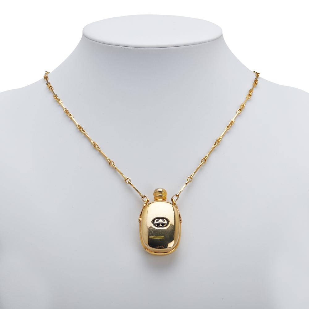 Gucci B Gucci Gold Gold Plated Metal Perfume Bottle Pendant Necklace Italy