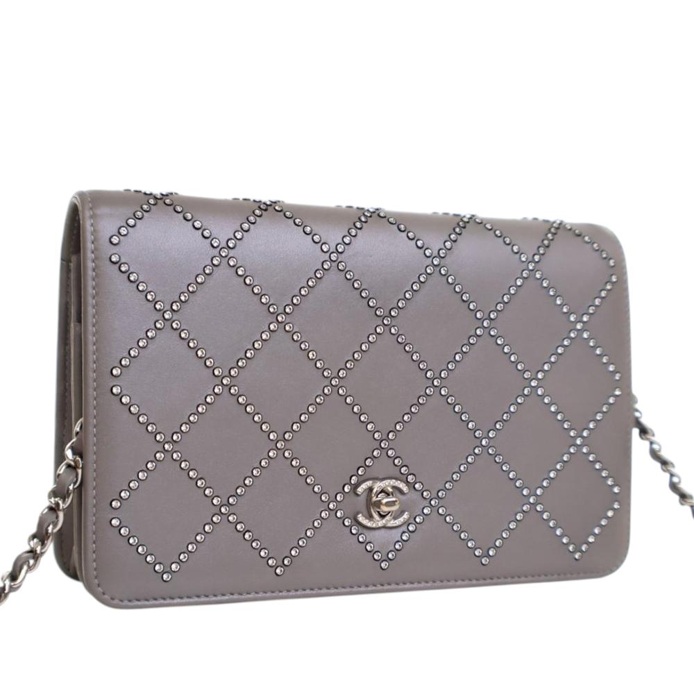 Chanel AB Chanel Gray Calf Leather CC Studded skin Crystal Wallet On Chain France