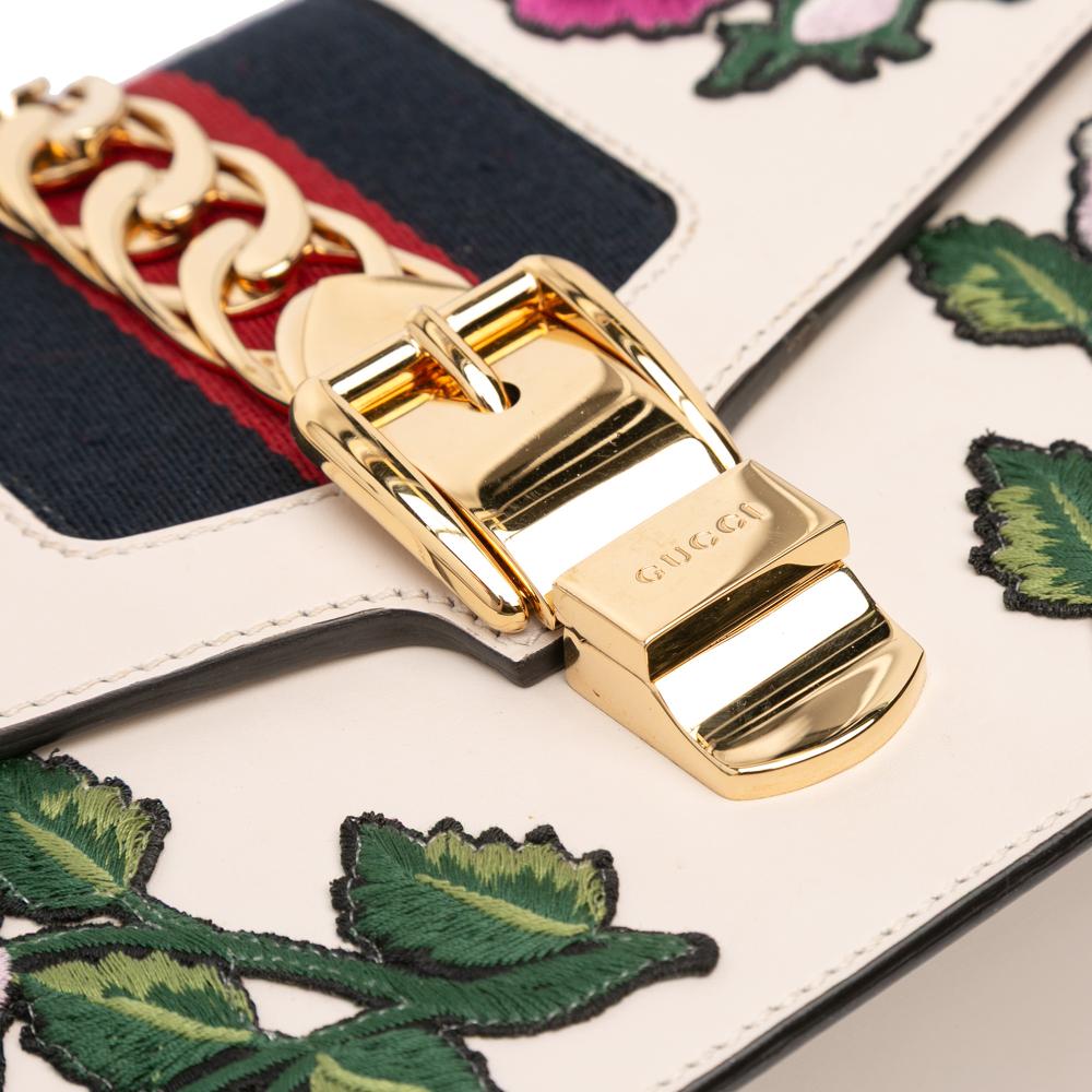 Gucci B Gucci White Calf Leather Small Floral Embroidered Sylvie Satchel Italy