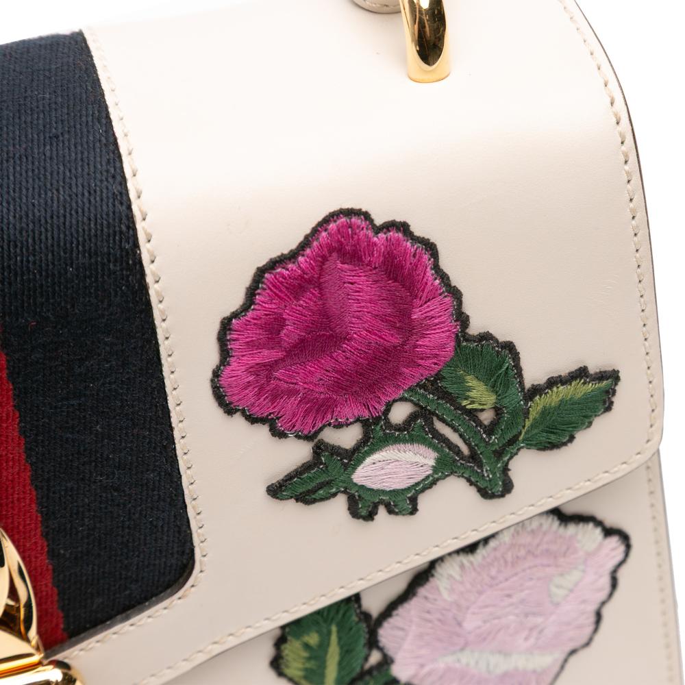 Gucci B Gucci White Calf Leather Small Floral Embroidered Sylvie Satchel Italy