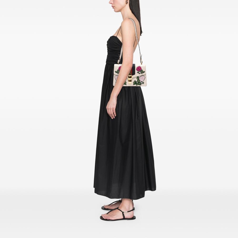 Gucci B Gucci White Calf Leather Small Floral Embroidered Sylvie Satchel Italy