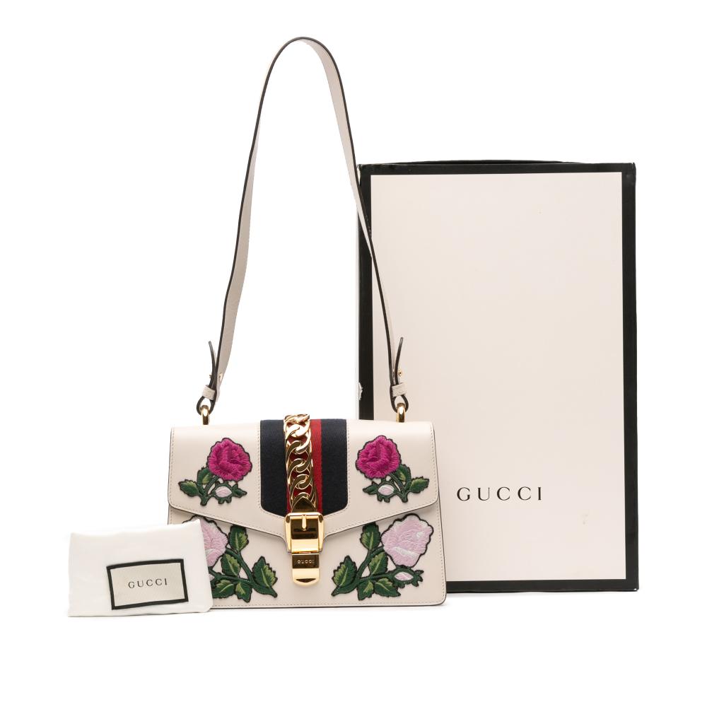 Gucci B Gucci White Calf Leather Small Floral Embroidered Sylvie Satchel Italy