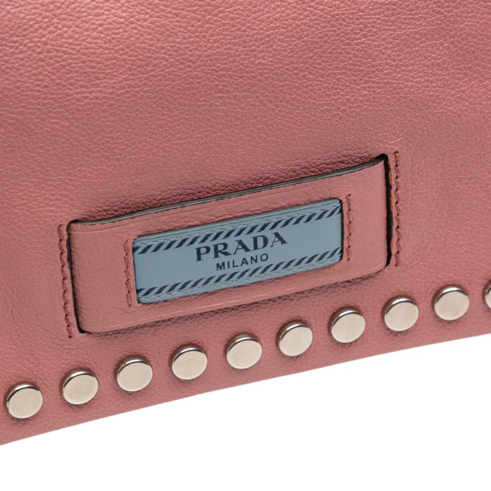 Prada AB Prada Pink Calf Leather Glace Studded Etiquette Flap Crossbody Italy