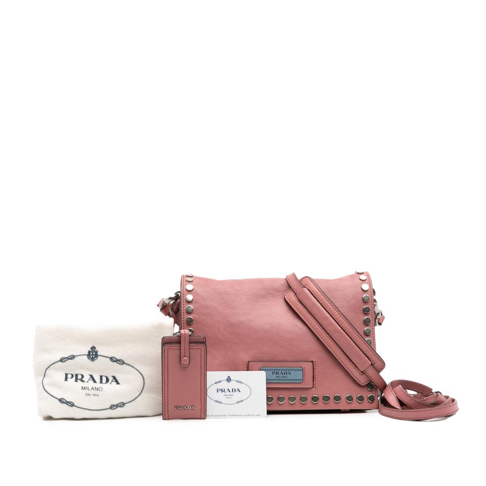 Prada AB Prada Pink Calf Leather Glace Studded Etiquette Flap Crossbody Italy