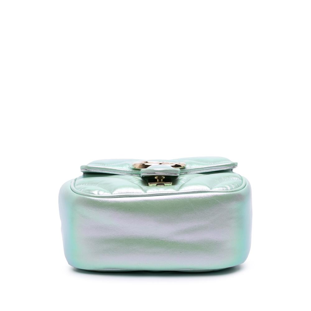 Gucci AB Gucci Green Light Green Calf Leather Mini GG Marmont Matelasse Iridescent Flap Crossbody Italy