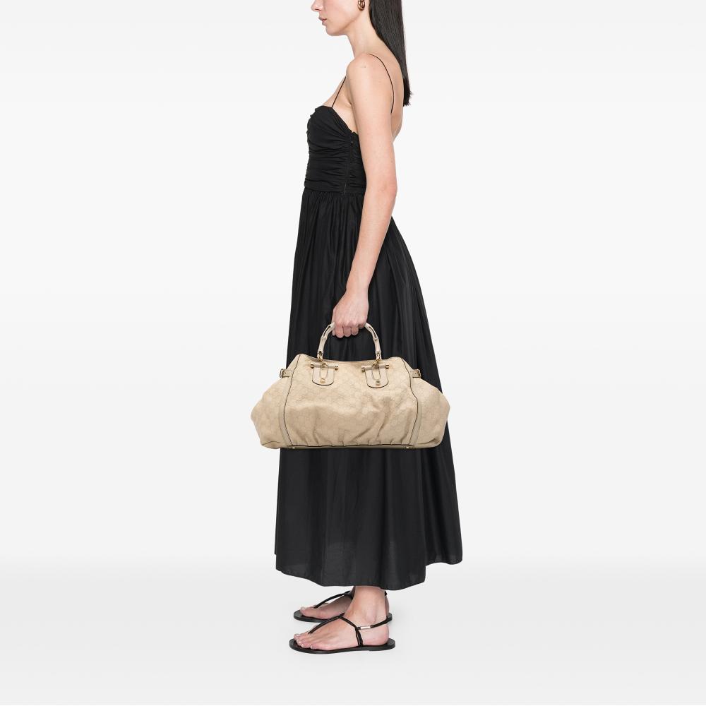 Gucci B Gucci Brown Light Beige Calf Leather Guccissima Bamboo Dialux Tote Italy