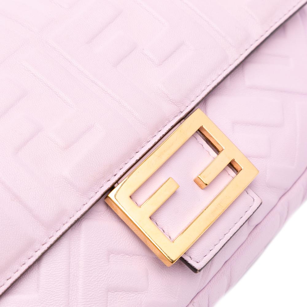 Fendi AB Fendi Pink Light Pink Calf Leather Medium Embossed FF Baguette Satchel Italy