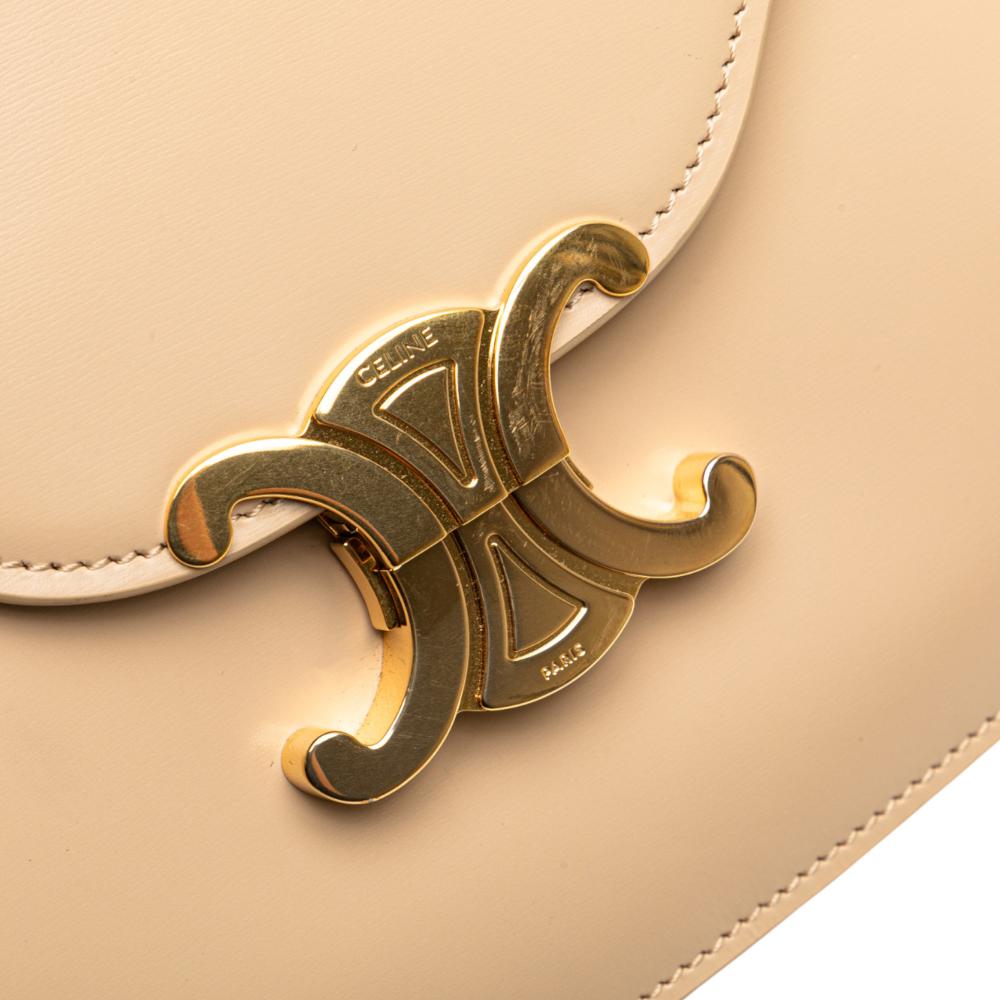 Celine AB Celine Brown Beige Calf Leather Teen Shiny skin Triomphe Besace Clea Chain Crossbody Italy