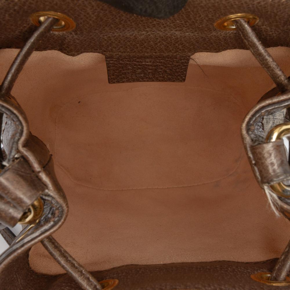 Gucci B Gucci Brown Beige Coated Canvas Fabric Mini GG Supreme Web Ophidia Bucket Bag Italy