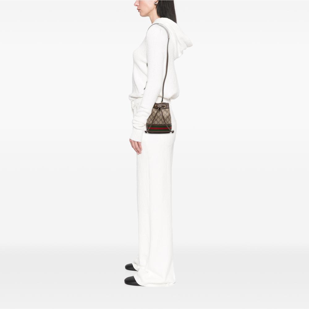 Gucci B Gucci Brown Beige Coated Canvas Fabric Mini GG Supreme Web Ophidia Bucket Bag Italy