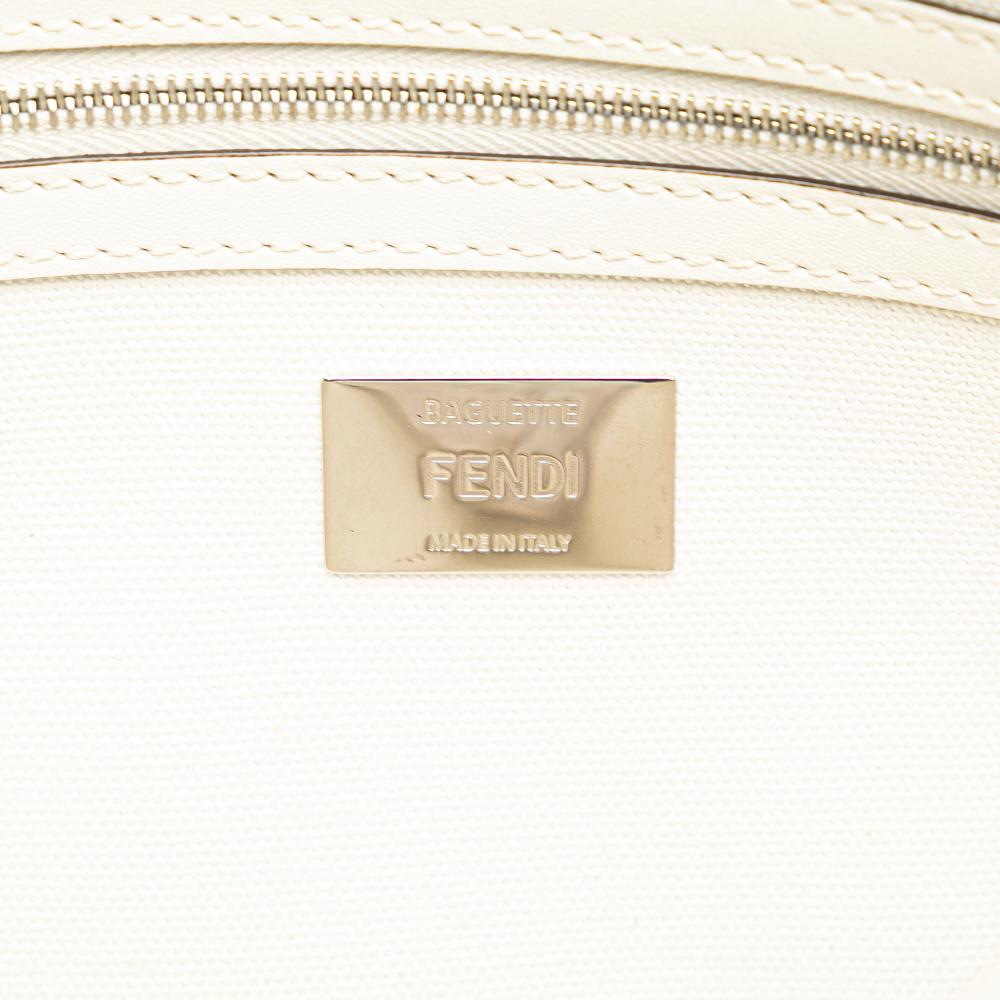 Fendi AB Fendi White Canvas Fabric Zucca Embroidered Baguette Satchel Italy