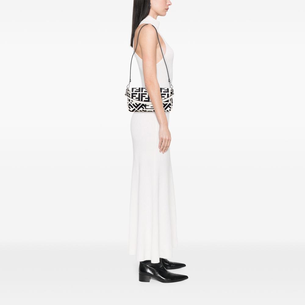 Fendi AB Fendi White Canvas Fabric Zucca Embroidered Baguette Satchel Italy