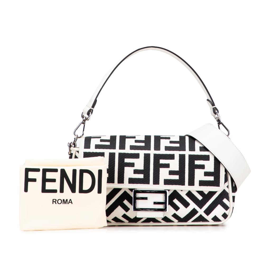 Fendi AB Fendi White Canvas Fabric Zucca Embroidered Baguette Satchel Italy