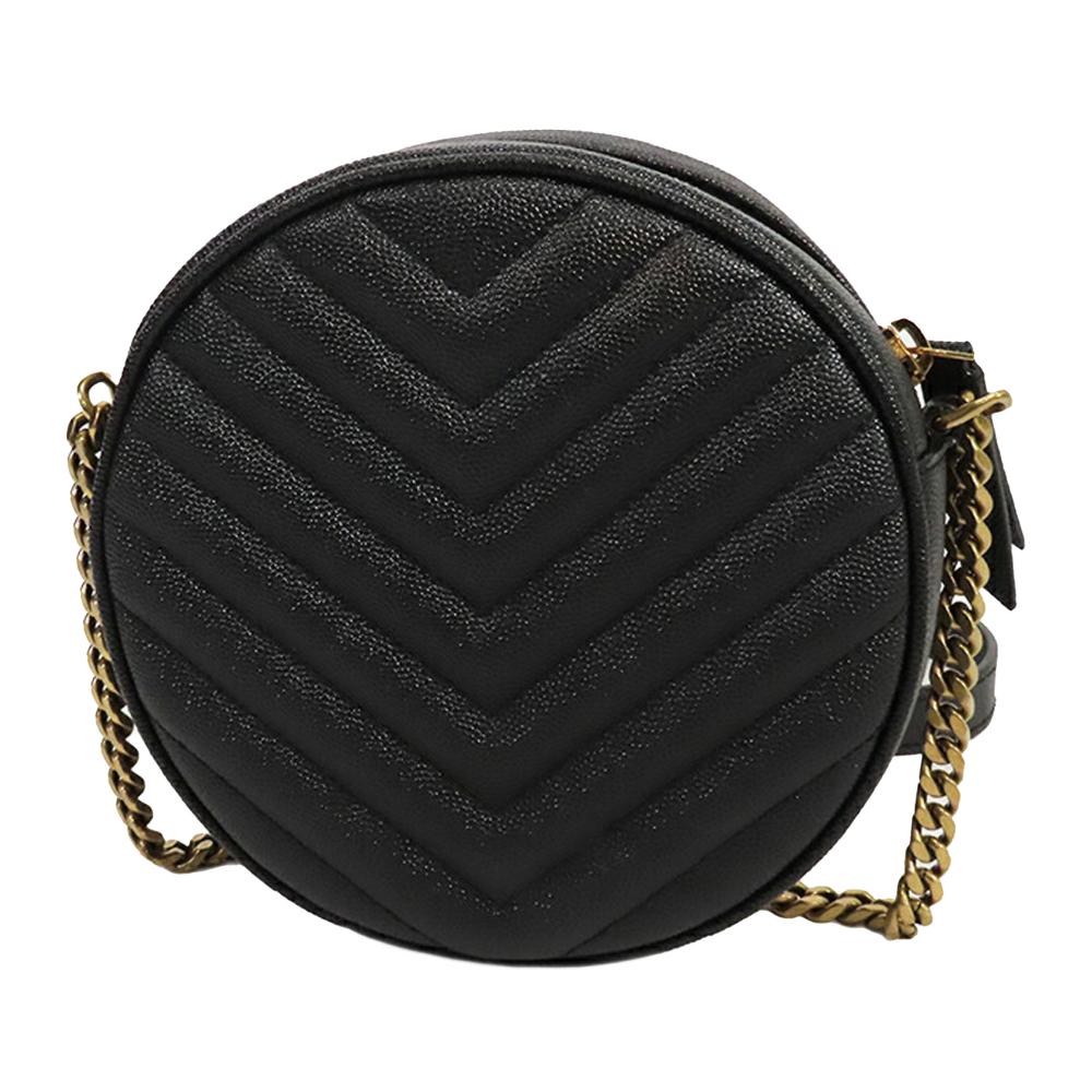 Saint Laurent AB Saint Laurent Black Calf Leather Grain De Poudre Chevron Round Vinyle Camera Bag Italy