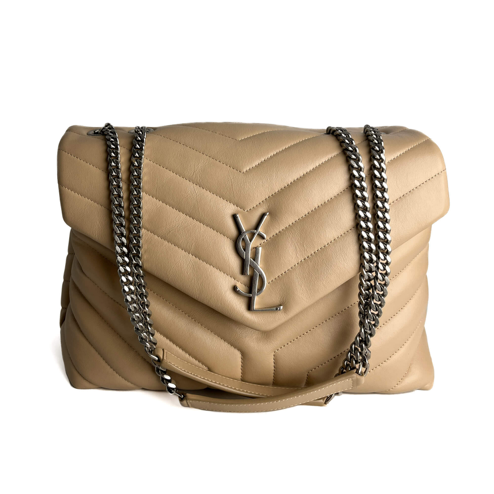 Saint Laurent Loulou Medium Leather Chevron Quilted Envelope Shoulder Bag Beige