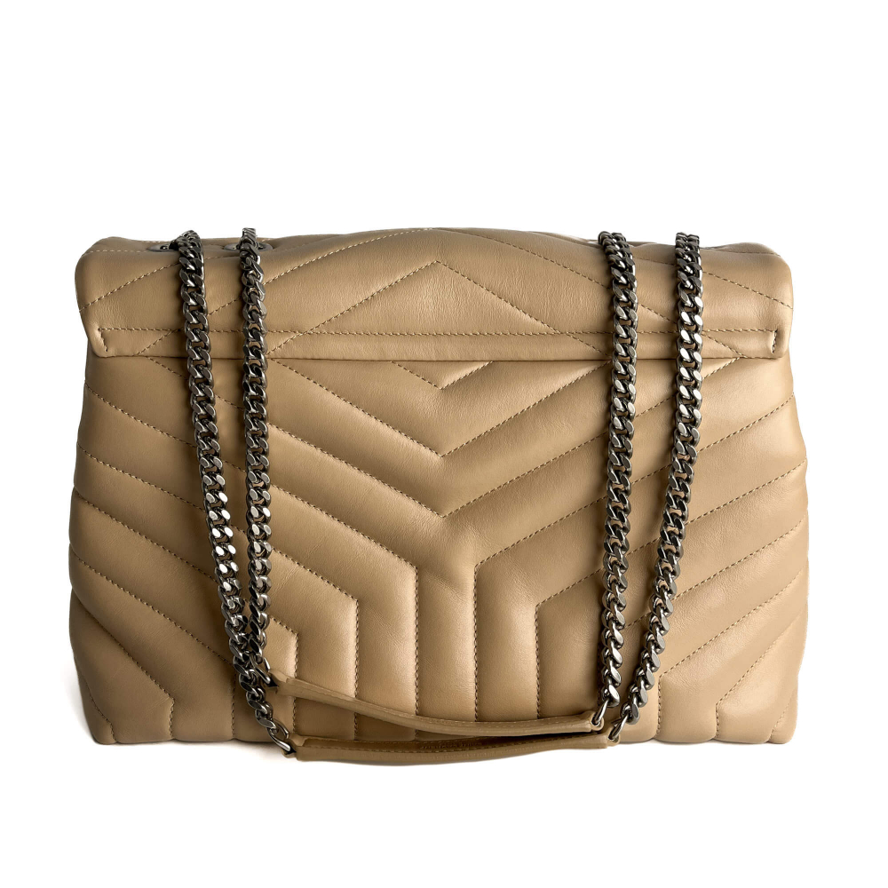 Saint Laurent Loulou Medium Leather Chevron Quilted Envelope Shoulder Bag Beige