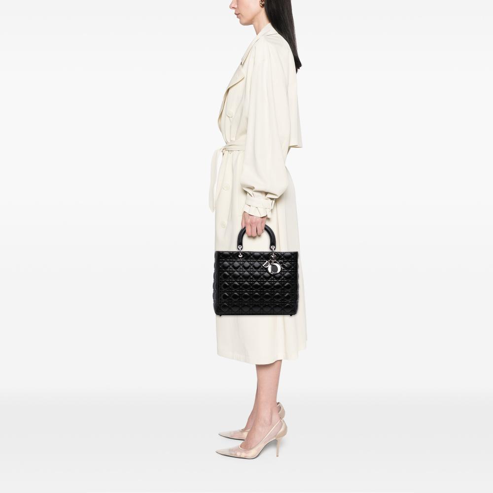 Christian Dior B Dior Black Lambskin Leather Leather Large Lambskin Cannage Lady Dior Italy