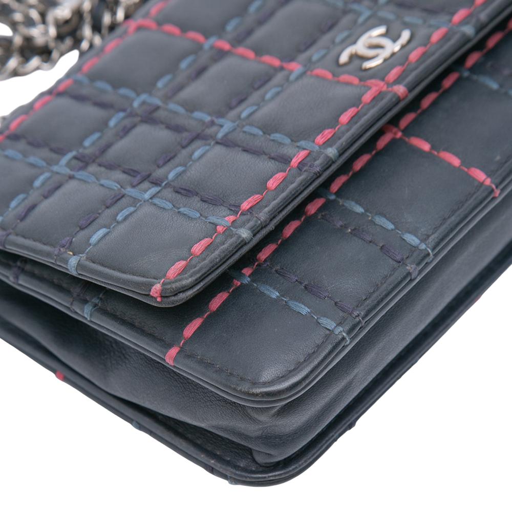 Chanel B Chanel Blue Navy with Multi Calf Leather CC Square Stitched skin Wallet on Chain Italy