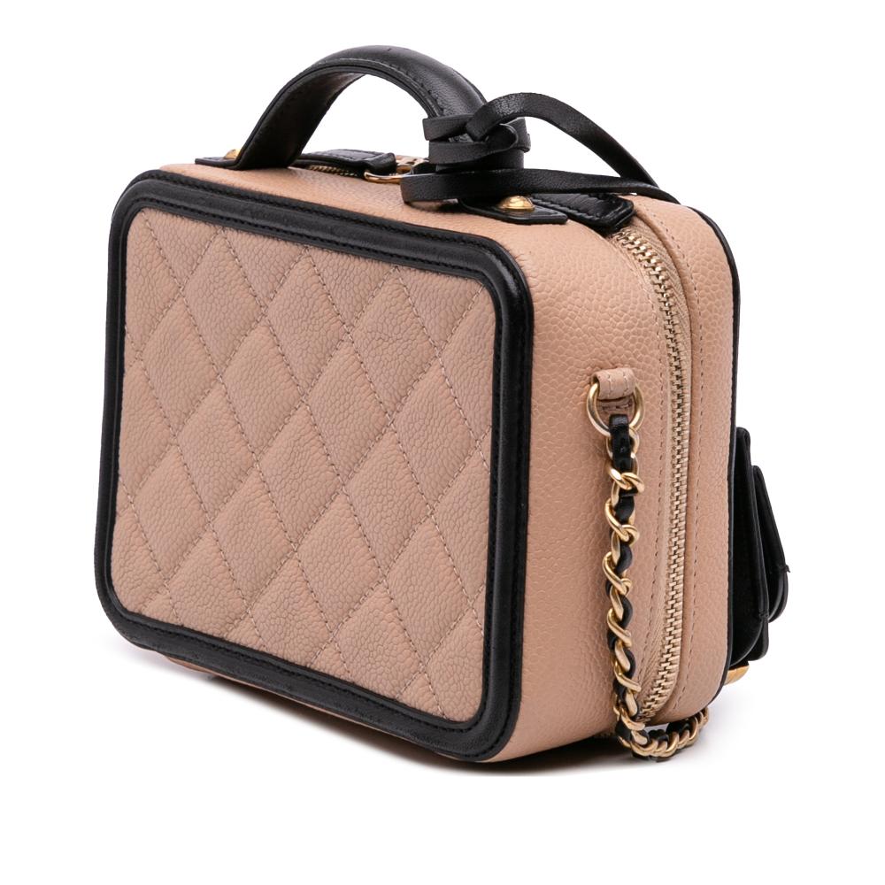 Chanel B Chanel Brown Nude with Black Caviar Leather Leather Small Caviar CC Filigree Vanity Case Italy