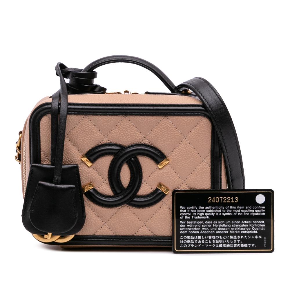 Chanel B Chanel Brown Nude with Black Caviar Leather Leather Small Caviar CC Filigree Vanity Case Italy