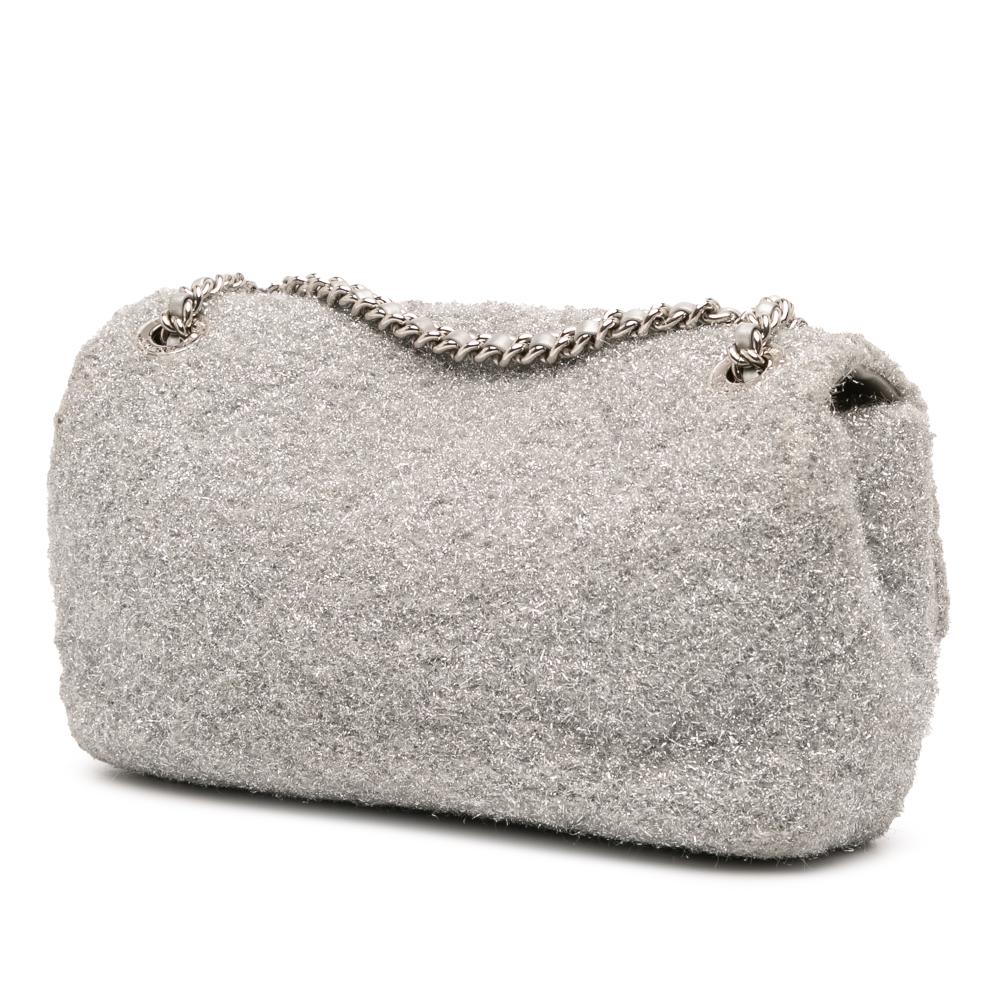 Chanel B Chanel Silver Polyester Fabric Medium Quilted Lurex Ground Control Pluto Glitter Flap Italy