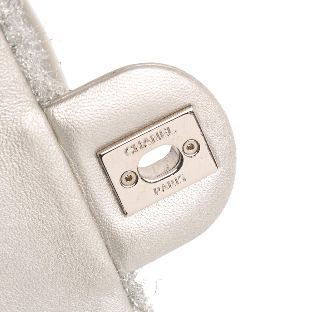 Chanel B Chanel Silver Polyester Fabric Medium Quilted Lurex Ground Control Pluto Glitter Flap Italy