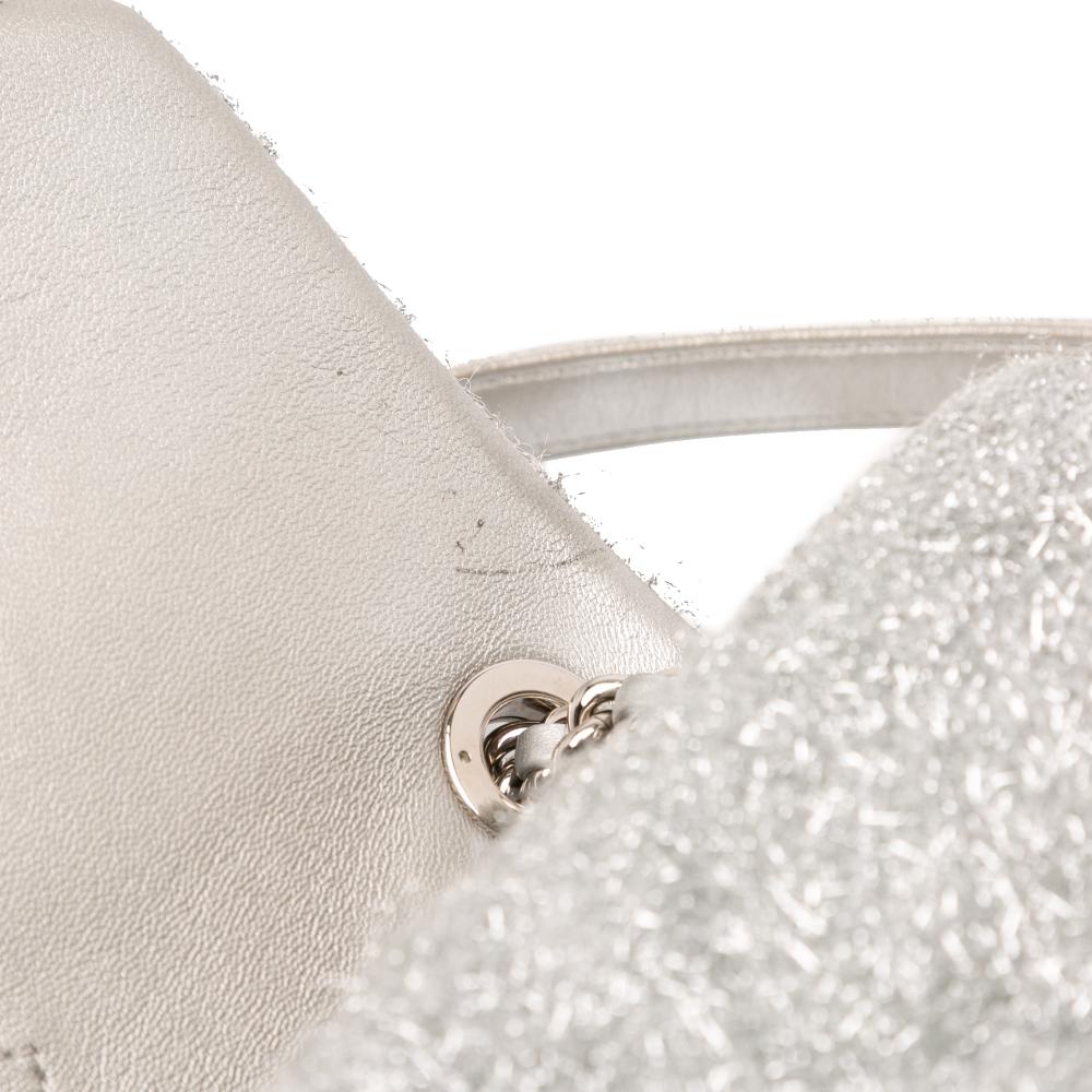 Chanel B Chanel Silver Polyester Fabric Medium Quilted Lurex Ground Control Pluto Glitter Flap Italy