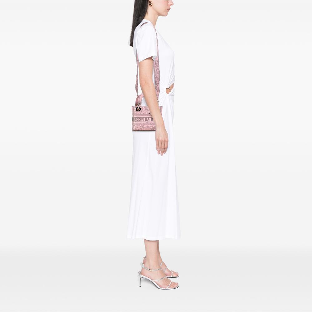 Christian Dior B Dior Pink with Gray Canvas Fabric Mini Embroidered Toile De Jouy Lady D Lite Italy