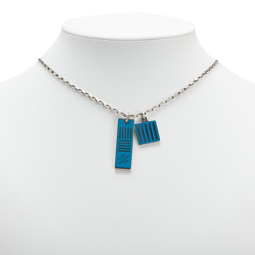 Louis Vuitton B Louis Vuitton Silver with Blue Palladium Metal Plated Damier Colors Pendant Necklace Italy