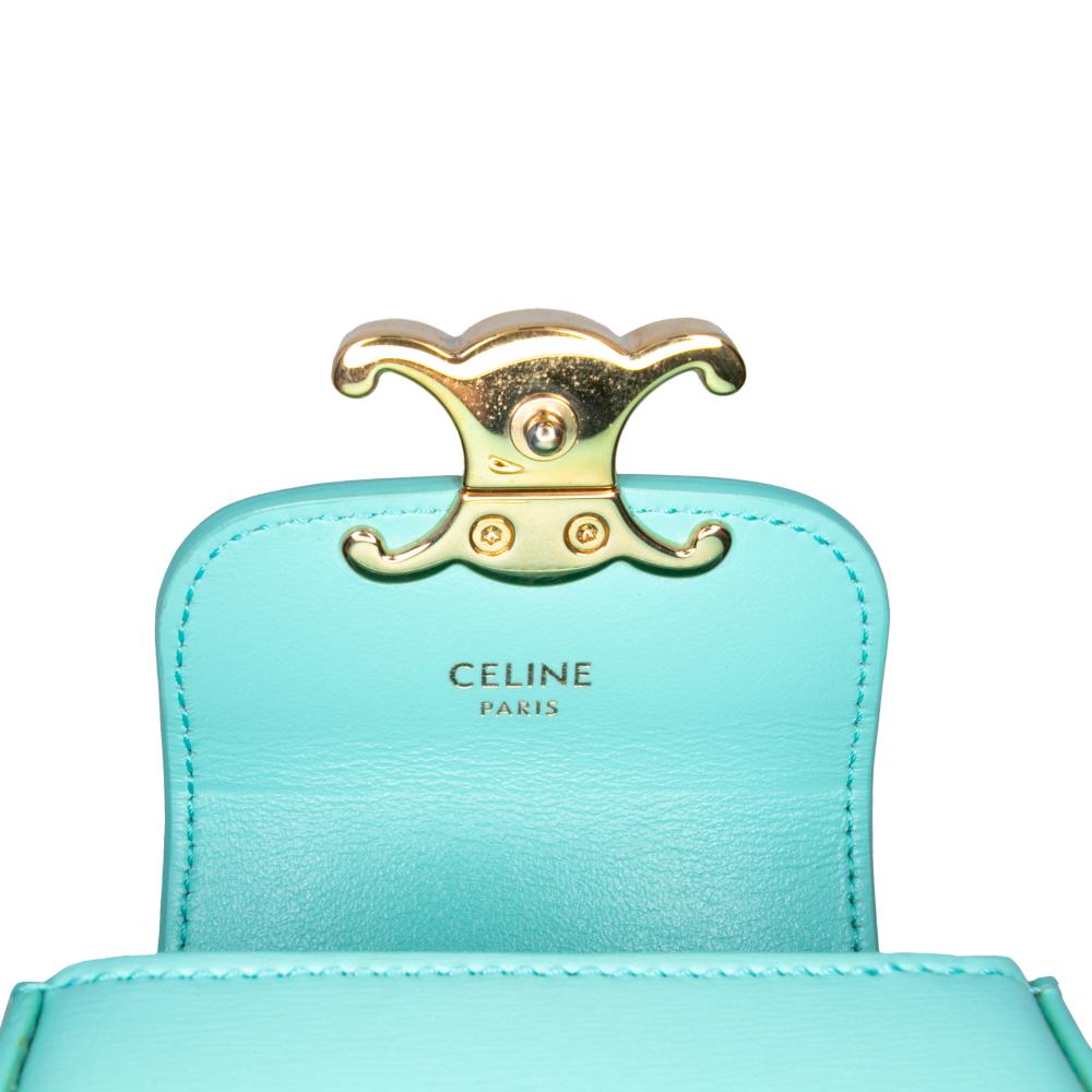 Celine B Celine Blue Turquoise Calf Leather Triomphe AirPods Case with Strap Italy