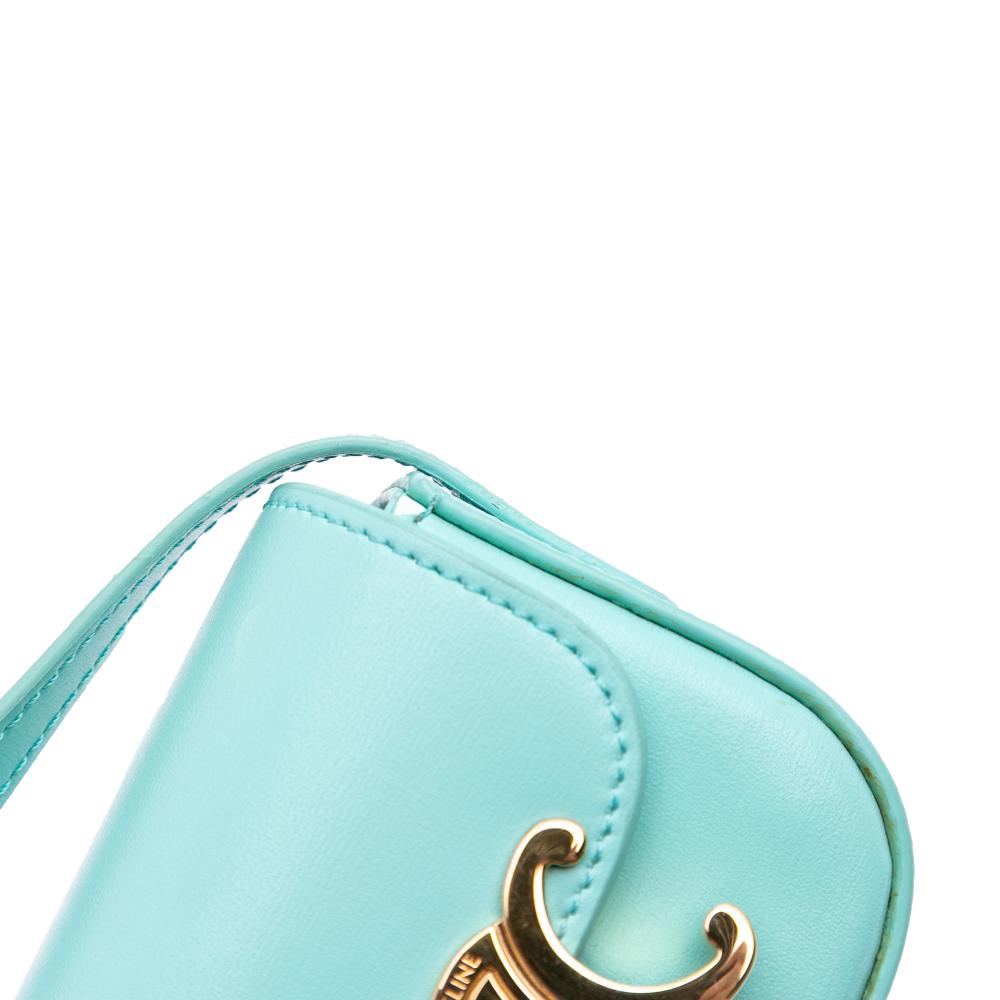 Celine B Celine Blue Turquoise Calf Leather Triomphe AirPods Case with Strap Italy