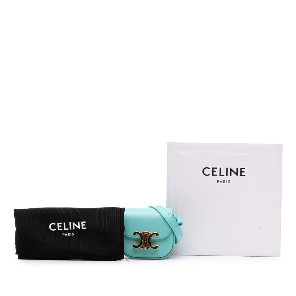 Celine B Celine Blue Turquoise Calf Leather Triomphe AirPods Case with Strap Italy