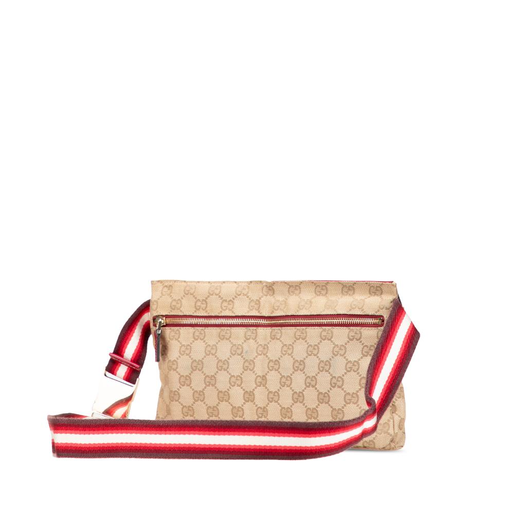 Gucci B Gucci Brown Beige Canvas Fabric GG Web Double Pocket Belt Bag Italy