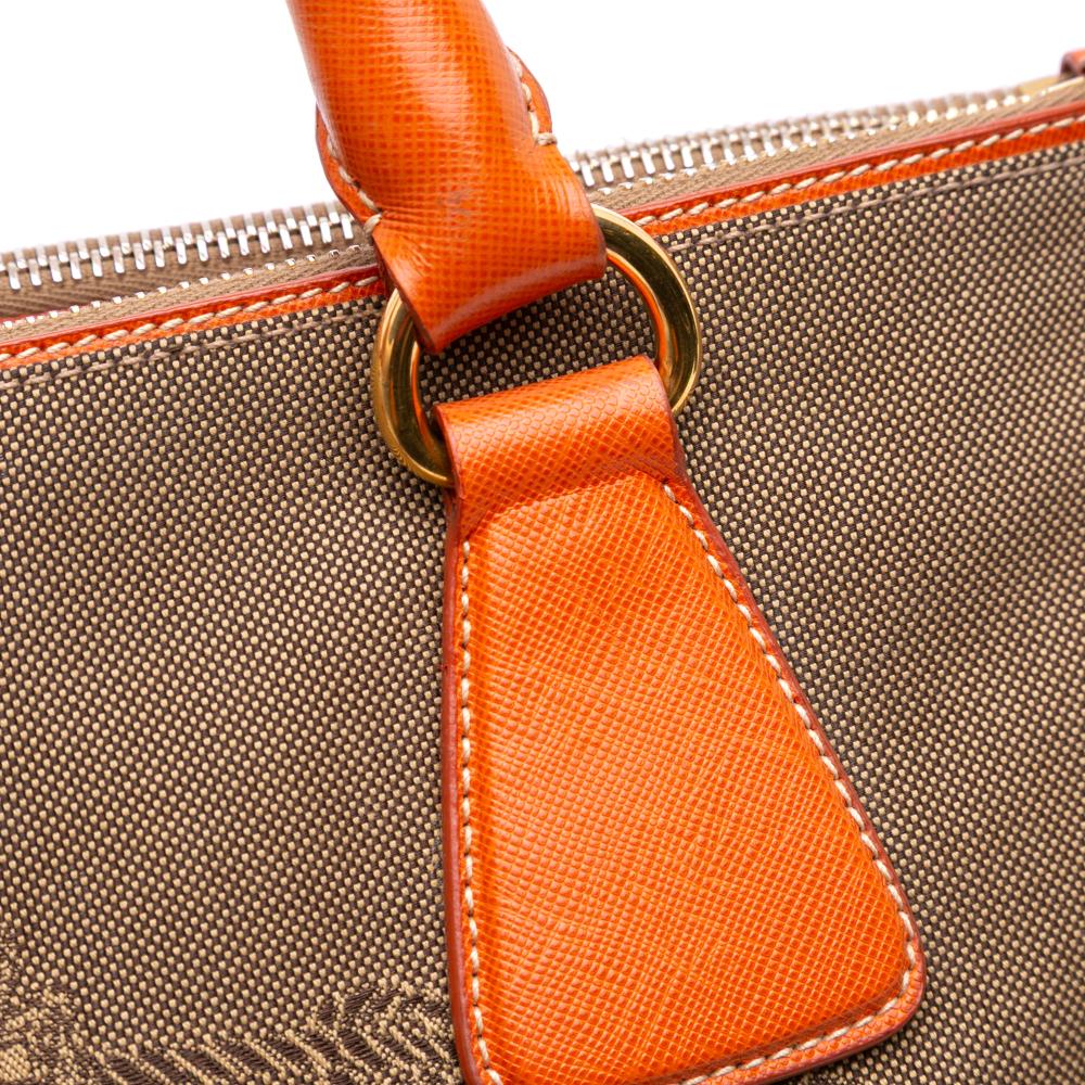 Prada B Prada Brown Light Brown Canvas Fabric Saffiano Trimmed Canapa Logo Double Zip Satchel Turkey