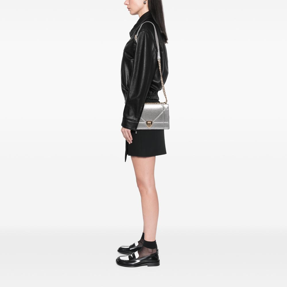 Christian Dior B Dior Silver Goatskin Leather Medium Metallic Ceramic Effect Deerskin Diorama Flap Italy