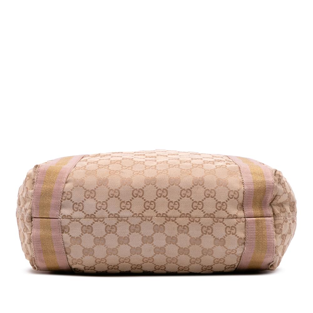 Gucci B Gucci Brown Beige Canvas Fabric GG Web Tote Italy