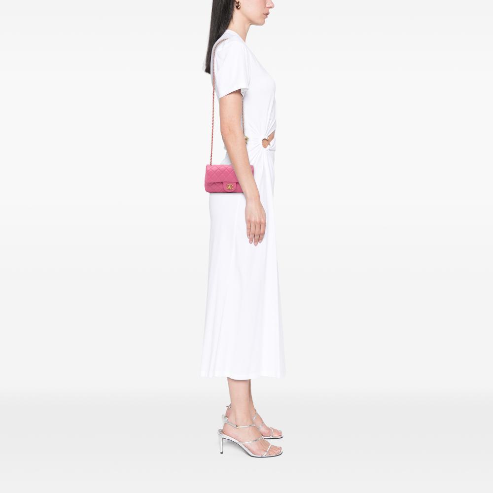 Chanel Pink Lambskin Leather Leather Mini Rectangular Classic Lambskin Pearl Crush Single Flap Italy