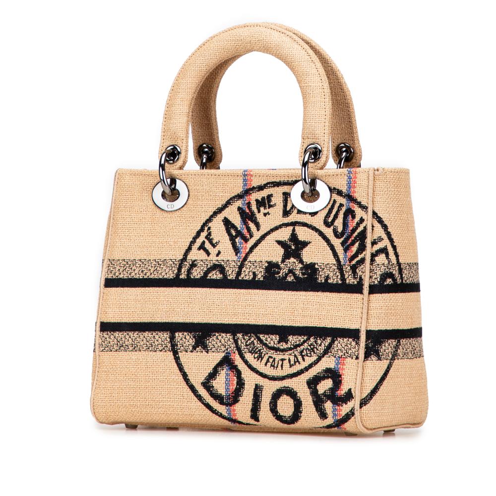 Christian Dior B Dior Brown Beige Canvas Fabric Medium Jute Embroidered Lady D Lite Italy