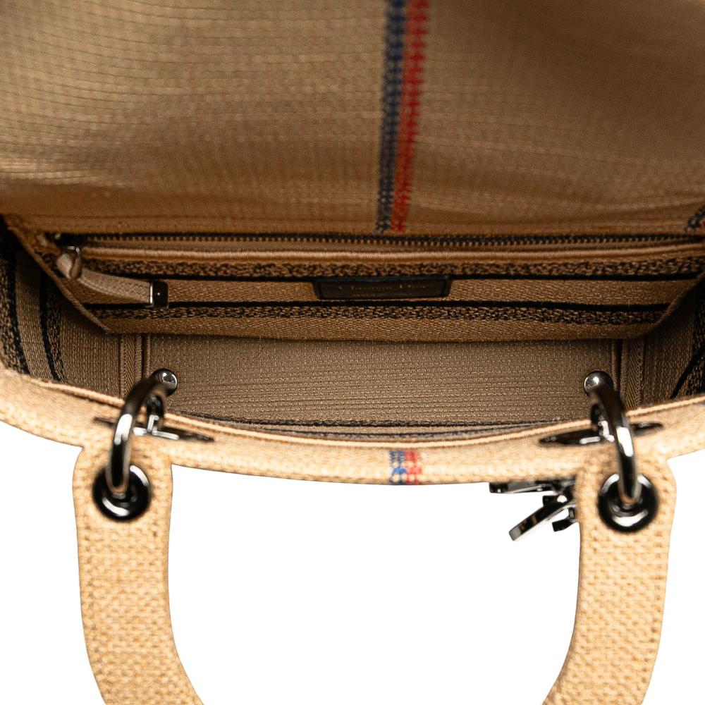 Christian Dior B Dior Brown Beige Canvas Fabric Medium Jute Embroidered Lady D Lite Italy