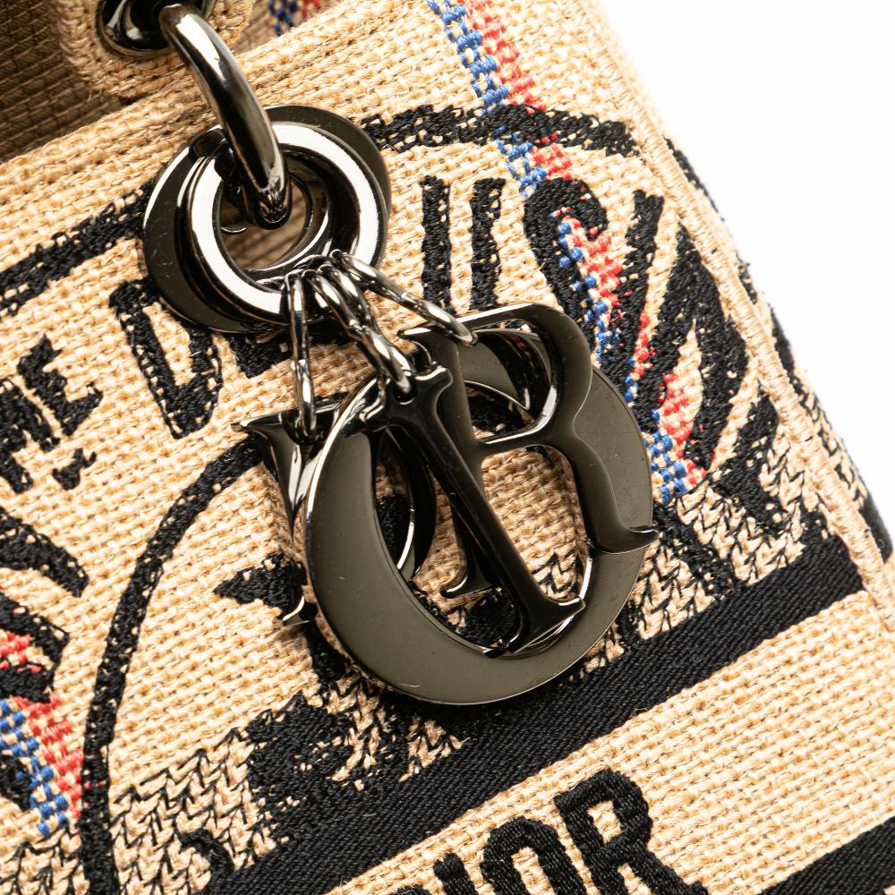 Christian Dior B Dior Brown Beige Canvas Fabric Medium Jute Embroidered Lady D Lite Italy