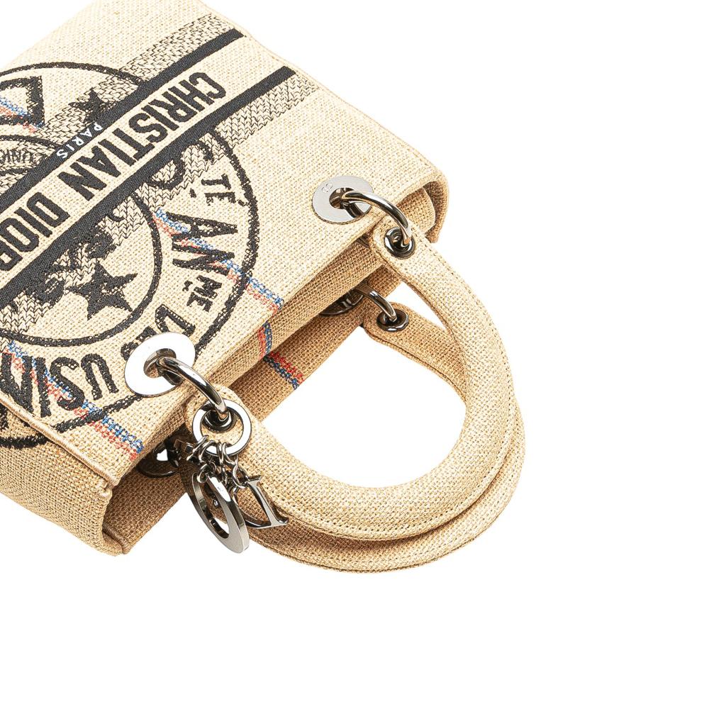 Christian Dior B Dior Brown Beige Canvas Fabric Medium Jute Embroidered Lady D Lite Italy