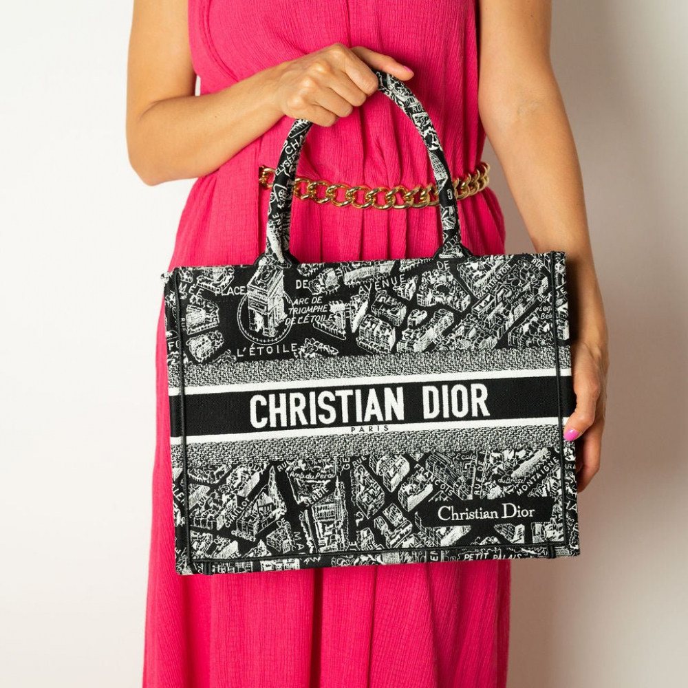 Christian Dior Book Tote Medium Canvas Embroidery Handbag Plan de Paris Black & White