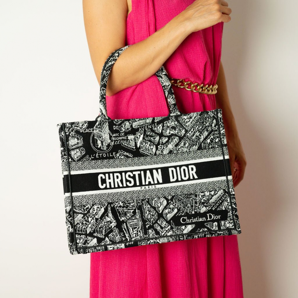 Christian Dior Book Tote Medium Canvas Embroidery Handbag Plan de Paris Black & White