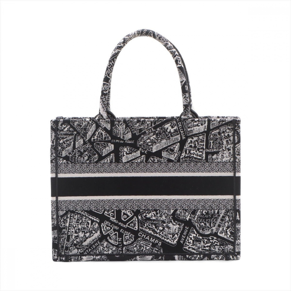 Christian Dior Book Tote Medium Canvas Embroidery Handbag Plan de Paris Black & White